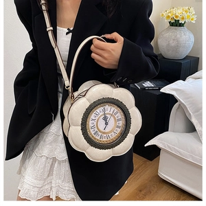 Model wearing flower clock bag with leather texture and vintage roman dial details