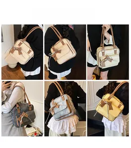 Detail shots of versatile retro shoulder bags featuring decorative bow ribbons and matte finish