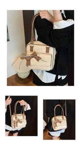 Three-way use of cream and brown patchwork handbag showing handheld, shoulder and crossbody