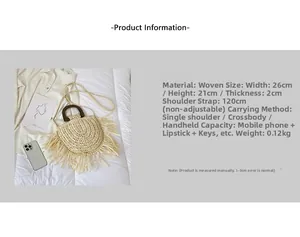 Detailed view of handmade woven straw bag with tassels and round wooden D-handles