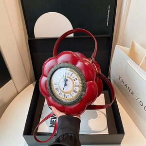 Vintage Flower Shaped Clock Handbag For Women PU Leather Crossbody Shoulder Bag With Roman Numerals Unique Creative Bag
