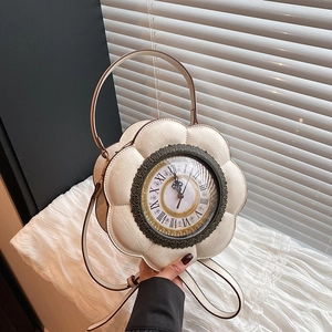 Unique flower-shaped clock crossbody bag in beige faux leather with Roman numerals dial