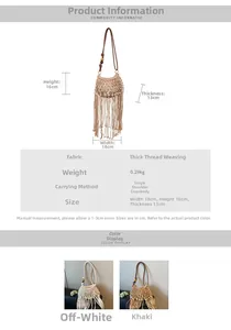 Detail view of woven beach bag with wood bead strap and fringe, dimensions 18x16x13cm