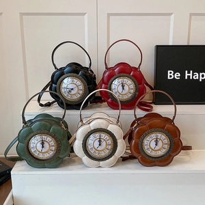 Unique clock-shaped handbag with petal edges and Roman numerals in various colors