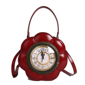 Creative red floral clock handbag with vintage dial design and adjustable shoulder strap