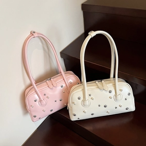 Women PU Leather Underarm Bag Artificial Pearl Star Sun Rivet Decor Handbag Double Zipper Trendy Shoulder Bag Retro Baguette Bag