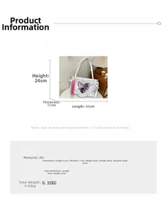 Detailed size chart of white heart ita bag with measurements for PU material and straps