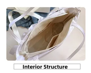 Internal structure of the white tote bag showing zipper pocket and dual side slots