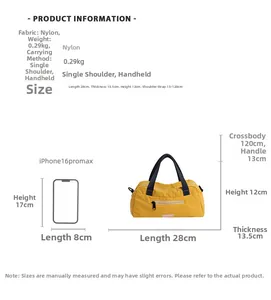 Yellow nylon sports bag dimensions 28x13.5x12cm shown with size reference scale