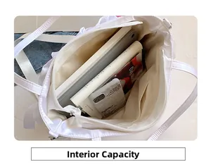 Interior view showing the large capacity and inner zipper pocket of the white tote bag