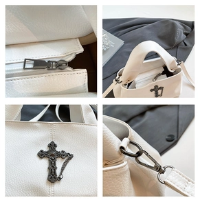Collage of white cross crossbody bag with metallic zipper and chain strap detail