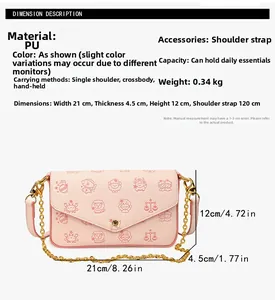 Detailed size chart of a pink printed crossbody bag with dimensions and chain strap