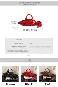 Detailed size specifications for 3D crocodile handbag in black, red and brown finishes