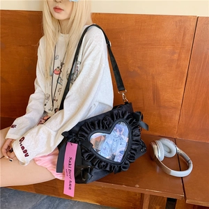Japanese style black heart-shaped transparent ita-bag with ruffle trim and cross-body strap