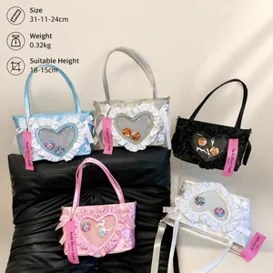 Kawaii ita bag tote with heart clear window and ruffles in five colors 31x11x24cm