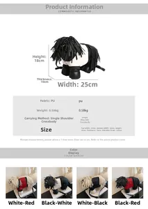 Detailed view of fringed puppy-shaped crossbody bag with dimension specs and color options