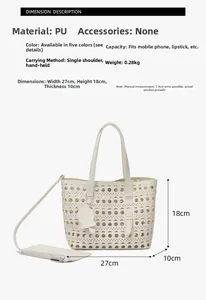 Detail view of cream hollowed PU tote bag showing dimensions 27x18x10cm and cat charm