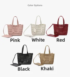 Detail view of hollowed-out tote bags in five colors with matching inner pouches