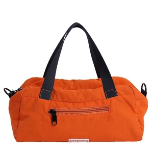 Orange waterproof grid nylon tote bag with navy straps and brand logo for travel and fitness