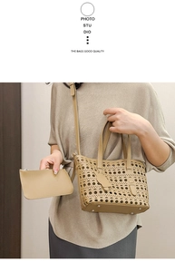 Detail of laser-cut geometric pattern on beige hollow tote bag with inner pouch