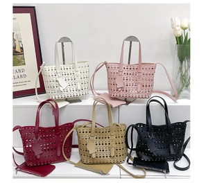 Hollow out handbags display in white, pink, burgundy, khaki and black with mini pouches
