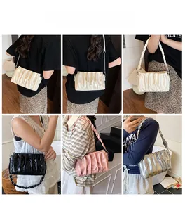 Collage of pleated cloud bags in cream, black, pink, and silver showing on-body styling