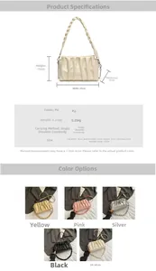 Detail view of ruched crossbody bag specifications and five available color variants