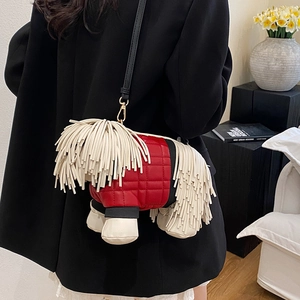 Creative red quilted leather dog-shaped crossbody bag with white fringe and metal strap