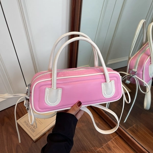 French Contrast Color Baguette Bag PU Leather Shoulder Crossbody Handbag For Women Minimalist Commuting Retro