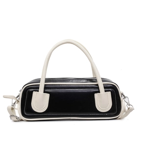 French style contrast color baguette handbag in black and white leather with dual handles