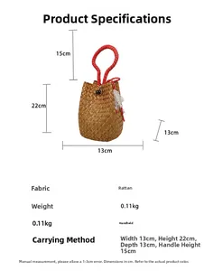 Detailed size specifications and parameters for the handmade straw woven bucket handbag