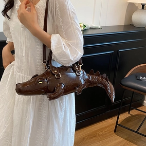 Creative dark brown crocodile-shaped crossbody bag with realistic embossed patent leather