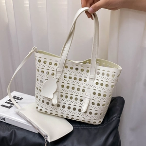 Women Hollow Out Laser Cut PU Leather Handbag Tote With Inner Pouch Cat Charm Crossbody Shoulder Bag Fashion