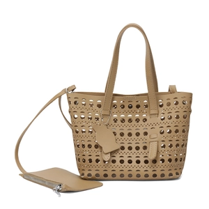 Summer hollowed-out khaki tote bag with geometric patterns and inner coin purse