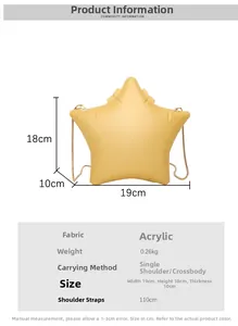 Detailed dimensions of yellow star-shaped acrylic crossbody bag with gold chain strap