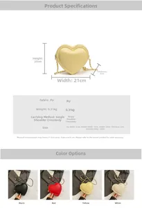 Detailed dimensions and specifications for the heart-shaped chain crossbody bag in four colors