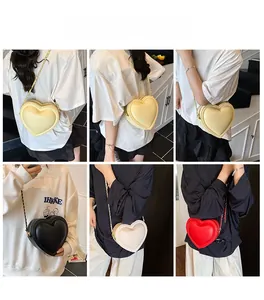 Collage of model wearing a heart-shaped chain bag in yellow, black, white, and red