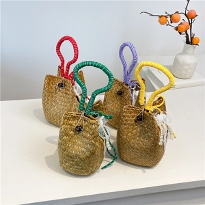 Handmade straw tote bag with colorful handles, lace edge and pearl details in four colors