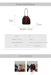 Detailed size specifications for the embroidered heart drawstring bucket handbag