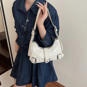 Chic cream white motorcycle underarm bag with silver buckles for Y2K summer style