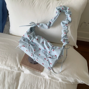 Women Bow Print Fabric Crossbody Bag Ruched Shoulder Strap Sweet Floral Underarm Bag Cute Casual Style Purse