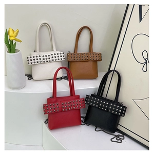 Litchi pattern leather handbags with rivet bow detail and chain straps in four colors