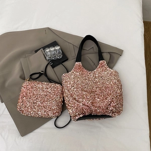 Ensemble sac cabas et pochette à paillettes or rose pour un style chic quotidien