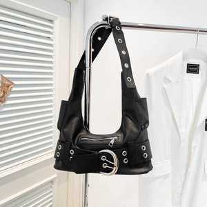 Motorcycle Style Women Underarm Shoulder Bag Black PU Leather Large Silver Buckle Metal Eyelets Punk Y2K Streetwear