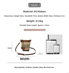 Size comparison of rainbow straw bucket bag with iPad and iPhone showing dimensions