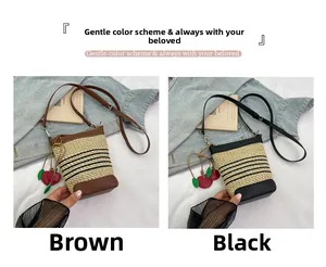 Detail of straw woven mini bags with PU trim and cherry charm in brown and black