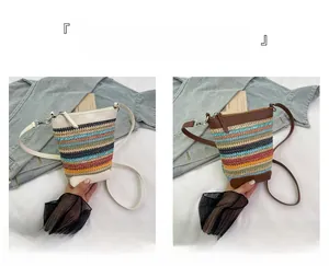 Detail of bohemian woven crossbody phone bags in cream and brown with faux leather accents