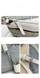 Detail shots of multicolor woven straw bag with white leather trim and silver metal hardware