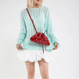 Fashionable red dumpling crossbody bag with silver rivets for summer versatile style