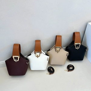 Minimalist Contrast Color Bucket Bag PU Litchi Texture Handbag With Gold Hardware Shoulder Crossbody Bag For Women
